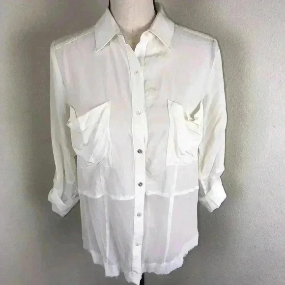 Nicole Miller Artelier Women's Ivory Silk Semi Sheer Pocket Casual Blouse  S - Picture 1 of 8